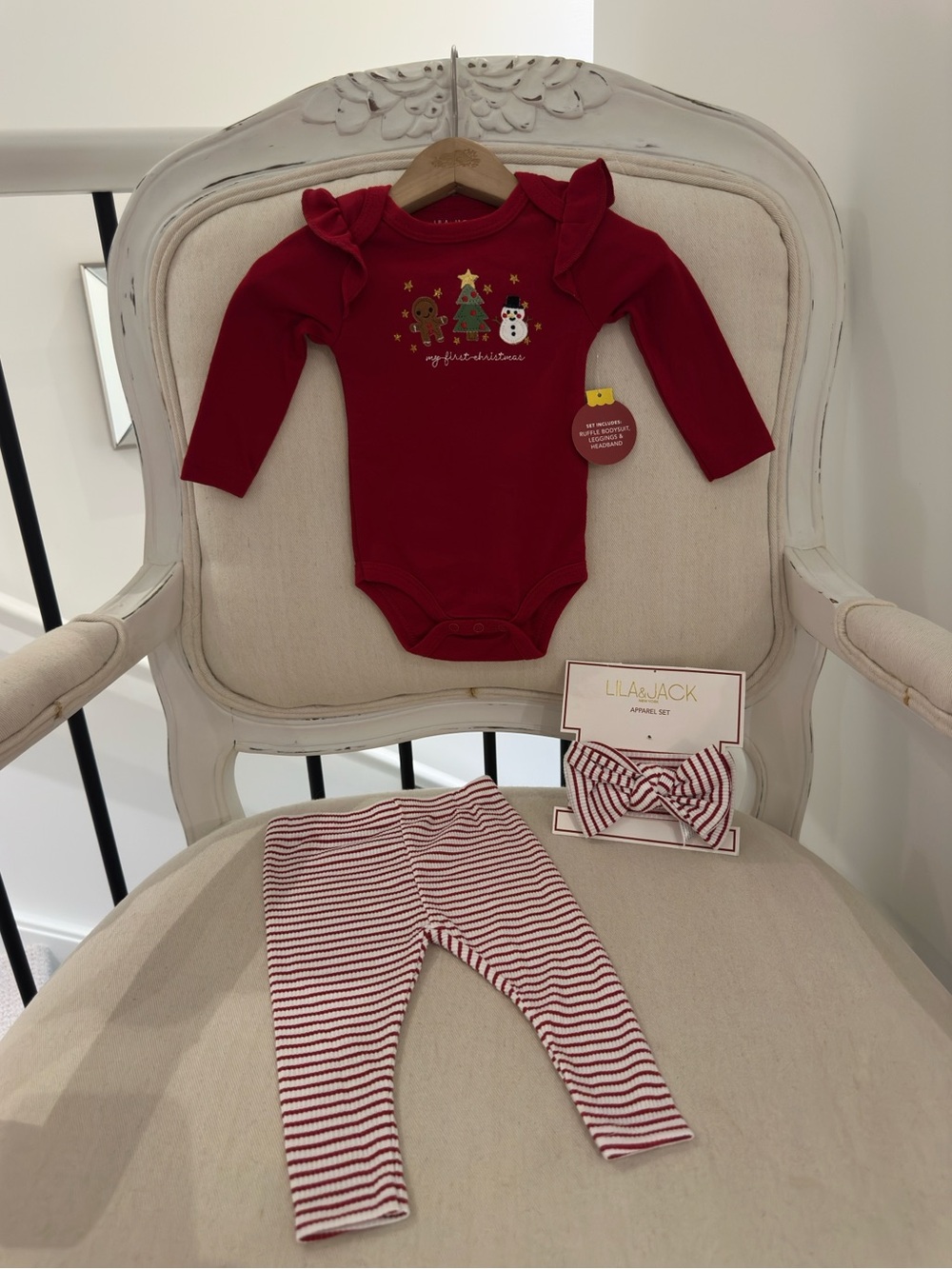 🤶 6~9 Mth Red "My First Christmas" Ruffle Baby Set with Big Bow Headband NWT